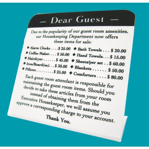 Sign - Dear Guest/10 Amenities Easel, 4Wx4H, White/Black Print